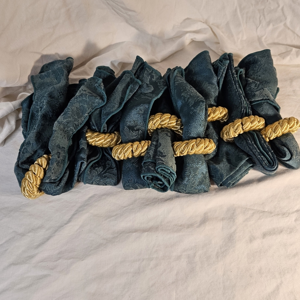 Vintage Green Satin Brocade Napkin Set Of 8 with Gold Rings
